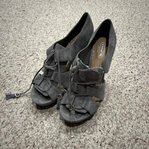 Coach Teagan Gray Suede Lace Up Peep Toe Platform Heels Sz 6B Formal Casual